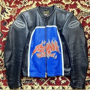 Vanson Garage Black and Blue Graphic Leather Jacket